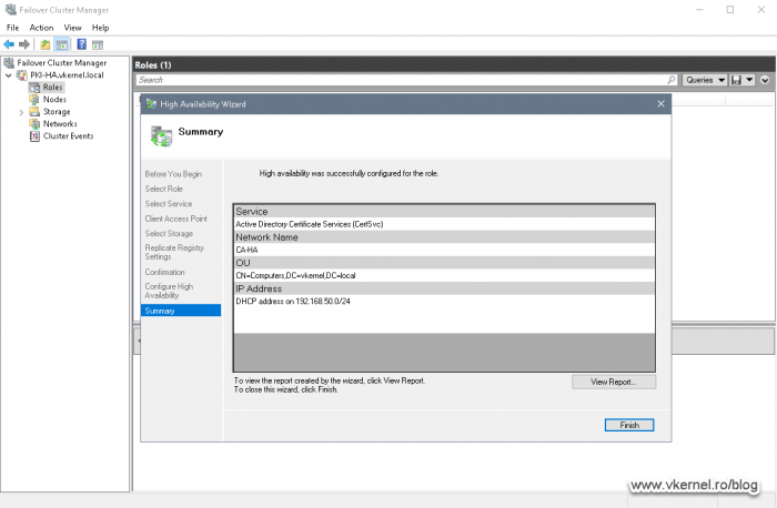 Summary screen of the cluster role High Availability Wizard after applying changes