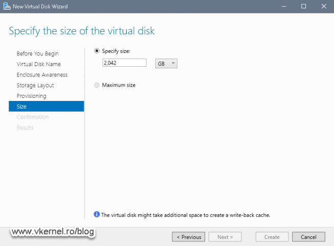 Specifying the virtual disk size for Thin provisioning