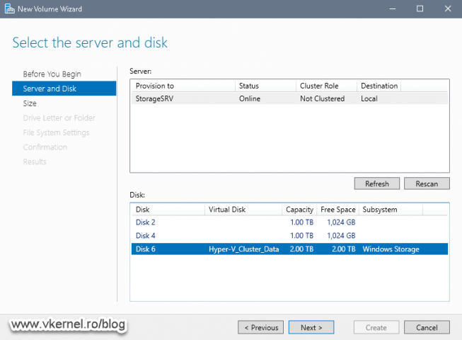 Selecting the virtual disk and server where to create the new volume