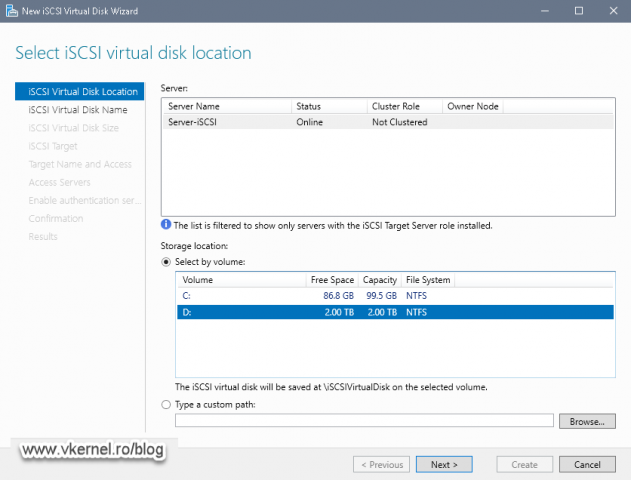 Selecting the volume where the iSCSI virtual disk should be created