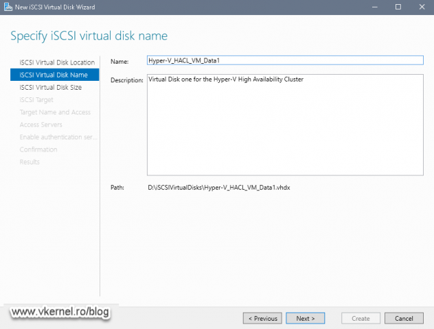 Naming the iSCSI virtual disk and set up a description