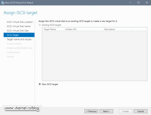 Selecting the option for creating a new iSCSI Target