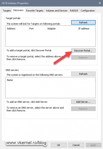 Opening the Discover Target Portal window for creating the connection to the iSCSI Target