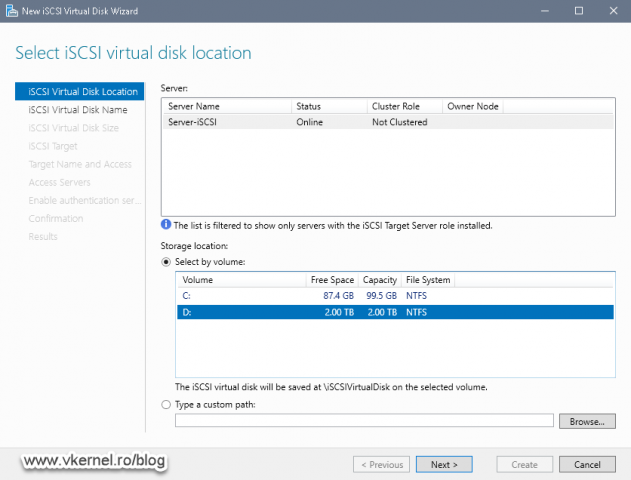 Selecting the volume where the second iSCSI virtual disk should be created