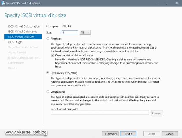 Selecting the iSCSI virtual disk type and setting up the size