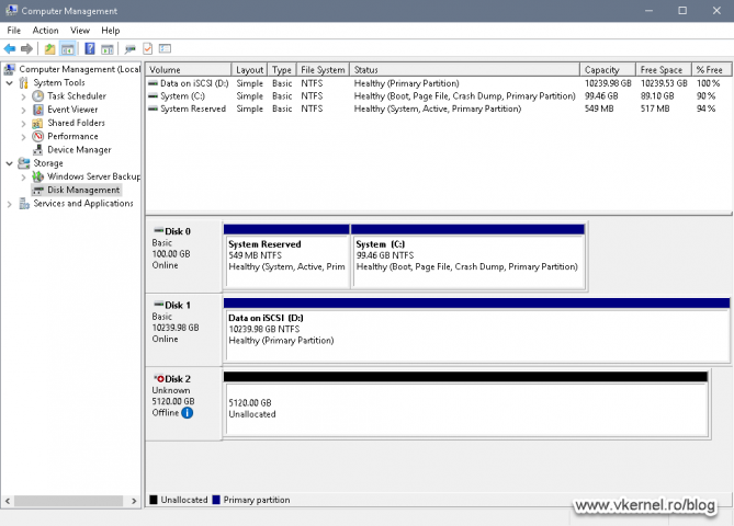 View of the second iSCSI disk showing up in the client