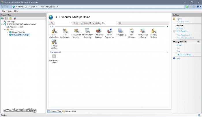 View of the newly created FTP site in the IIS Manager console