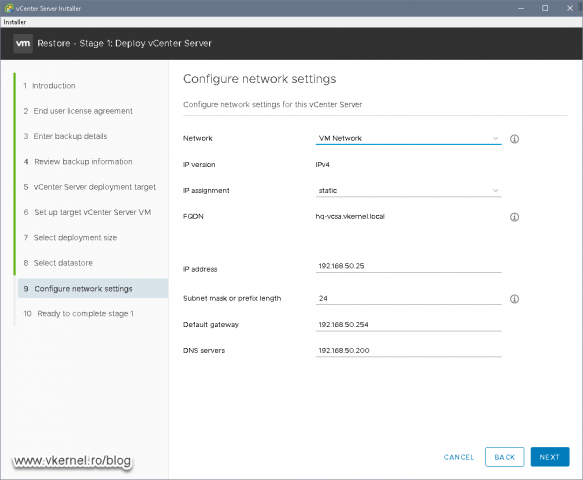 Reviewing the vCenter Server Appliance network settings