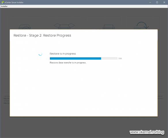 Progress view of the second stage of the vCenter Server Appliance restore