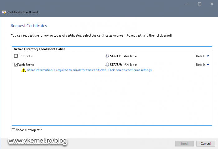 Request a new certificate using the Web Certificate template