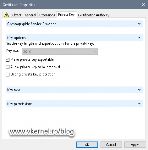 Setting up the private key of the certificate to be exportable