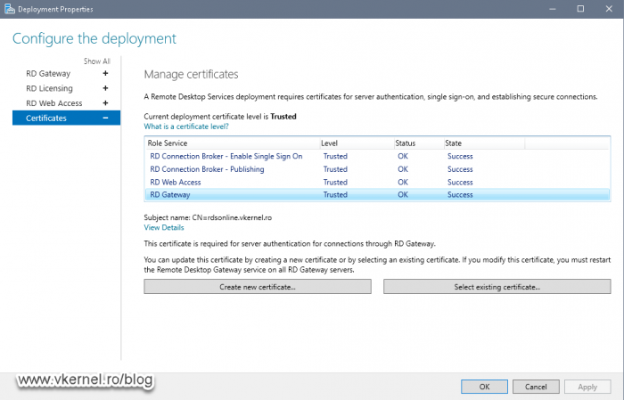 Opening the RDS Deployment Properties window in order to change the RD Gateway self-signed certificate