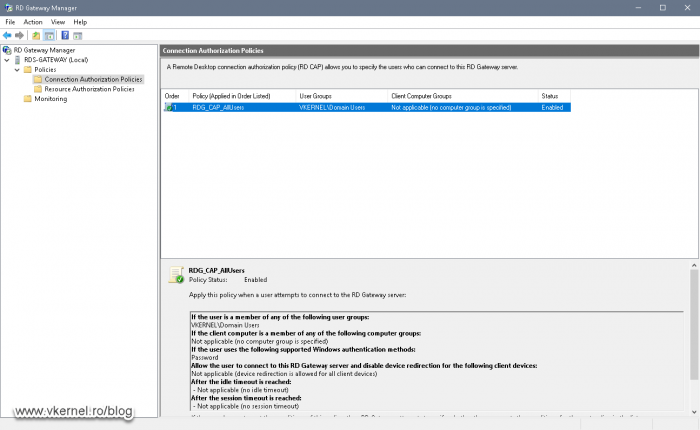 View of the default Connection Authorization Policies in the RD Gateway Manager console