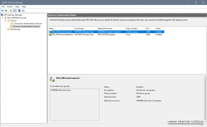 View of the default Resource Authorization Policies in the RD Gateway Manager console
