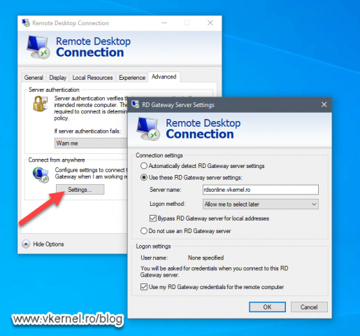 Remote desktop client configuration with a RD Gateway server for manual connection to internal VDI
