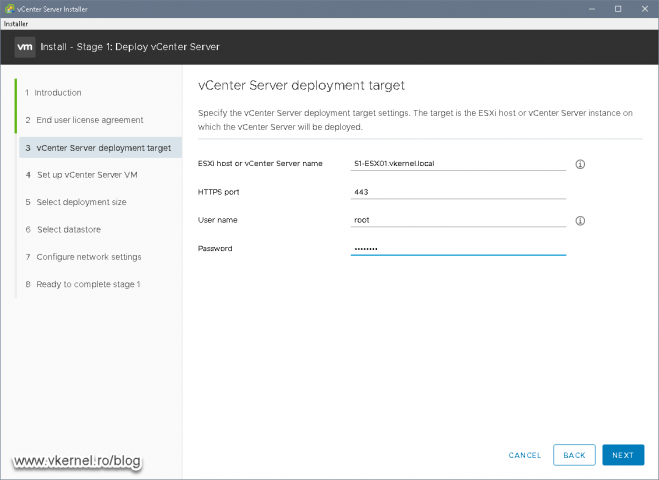 Providing the ESXi host where the vCenter Appliance should be deployed to