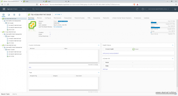 View of the Enhance Linked Mode results from the headquarter vCenter Server