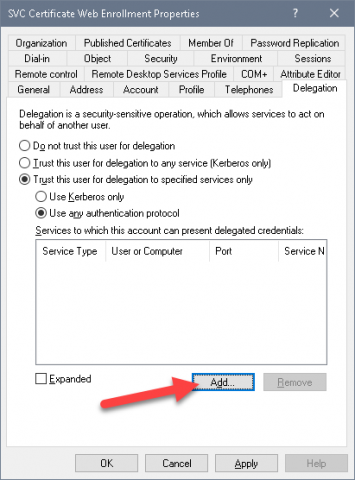 Adding the services for the service account delegation