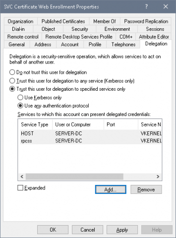 View of how the service account delegation should look after configuration