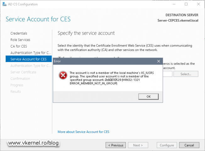 Error message when the service account used in the wizard is not part of the local IIS_IUSRS group