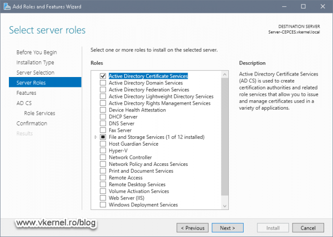 Selecting the Active Directory Certificate Services for installation