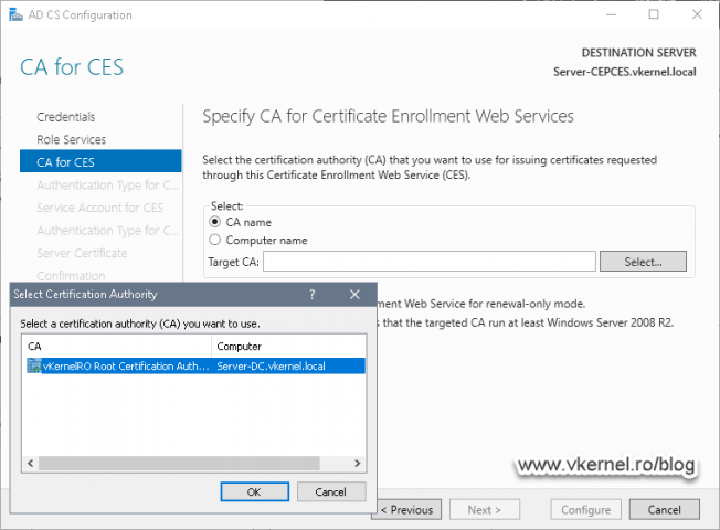 Selecting the Enterprise Issuing CA for certificate enrollment