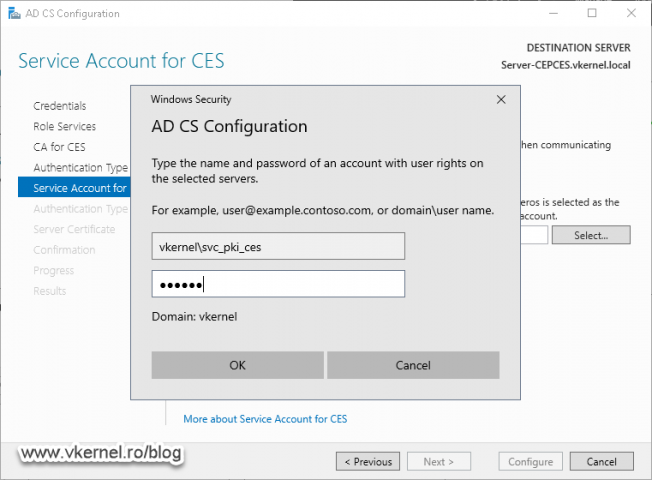 Providing the service account and its credentials for CES authentication to the CA server