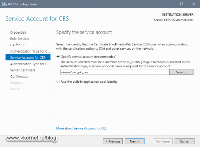 Providing the service account and its credentials for CES authentication to the CA server