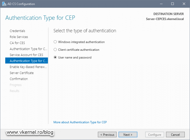 Selecting the type of authentication we want for CEP