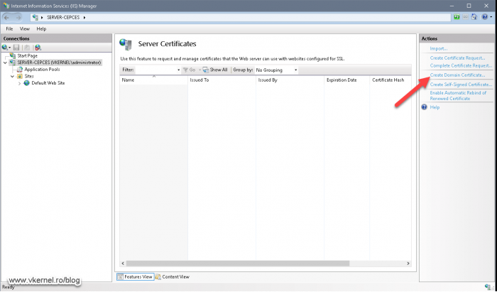Opening the Create Domain Certificate wizard
