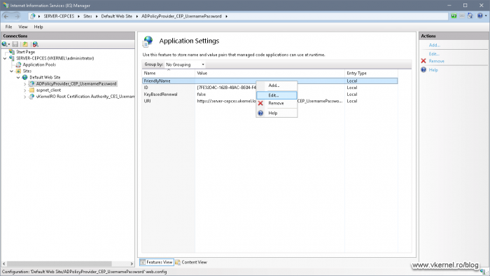 Opening the Application Setting Editor for the CEP virtual directory to configure the friendly name option