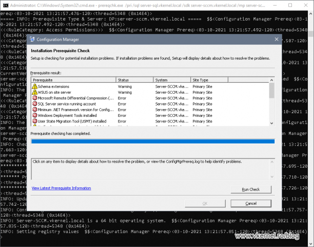 Prerequisite checker window listing all the requirements for the SCCM installation