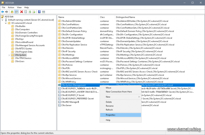 Opening the properties for our new container in order to set-up the proper permissions for SCCM