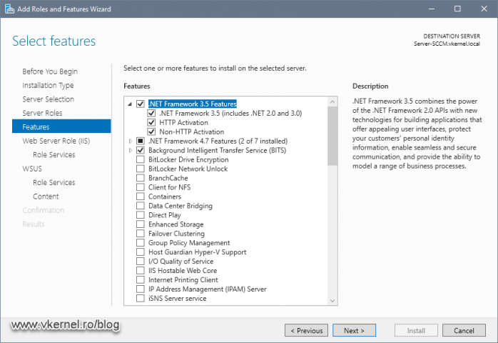 Selecting .NET Framework 3.5 and all its roles features for installation