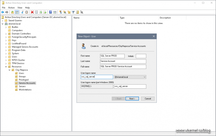Providing the service account name and logon name in the New Object wizard
