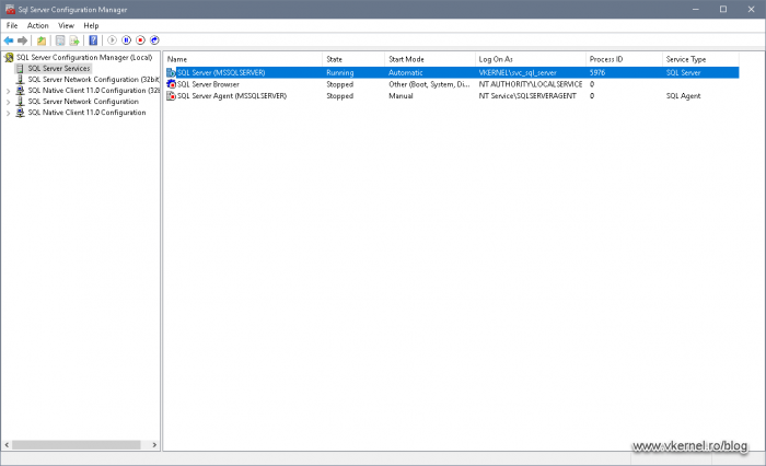 Example of a SQL server instance running under the domain service account we created and configured