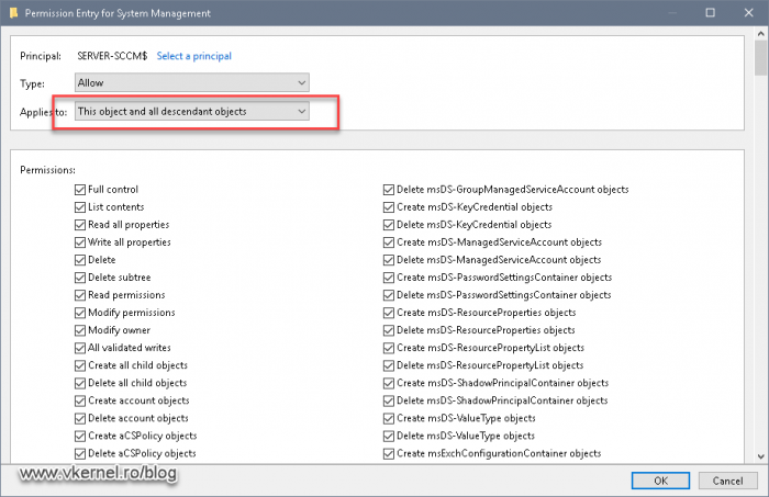 Providing full permissions to the SCCM computer object on the container and all contained objects