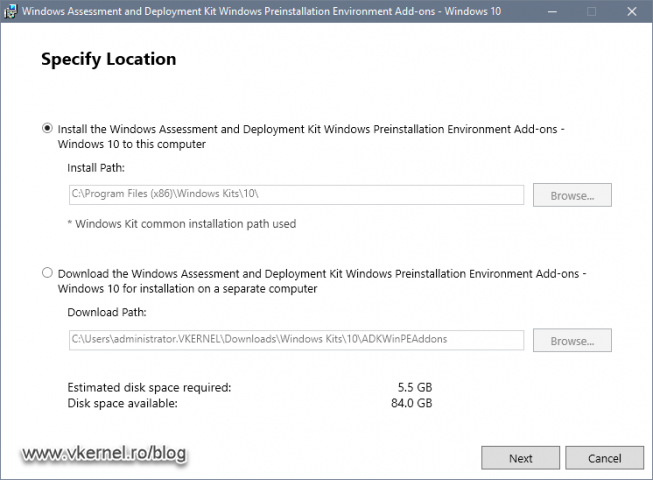 Choosing the installation location path of WinPE ADK