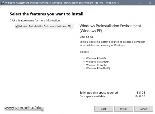 Selecting the WinPE ADK features to install
