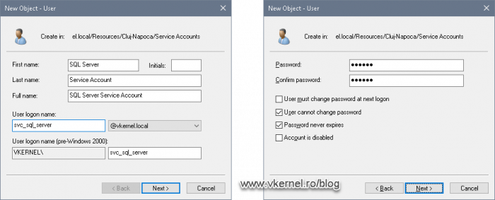 Creating the user account in AD to be used as a SQL Server service