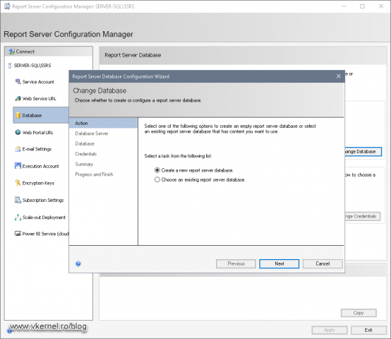 Selecting to create a new database for SSRS
