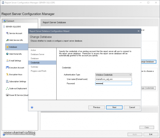 Specifying the account used to connect to the database by the SSRS service
