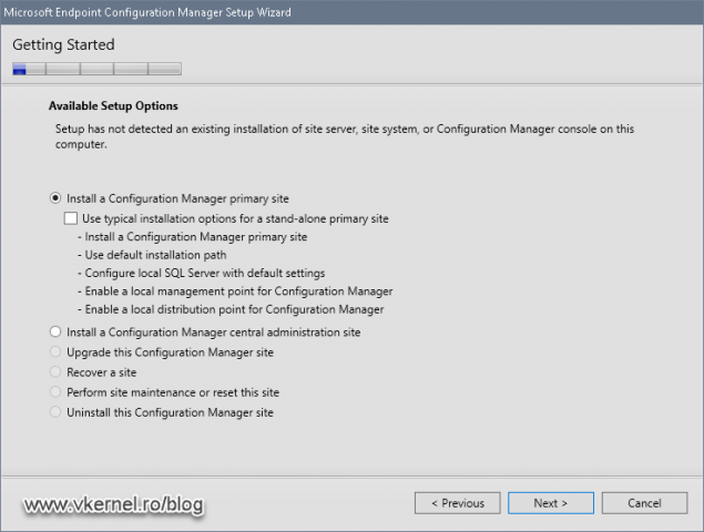 Selecting to install a Configuration Manager primary site using manual configuration and a dedicated SQL server