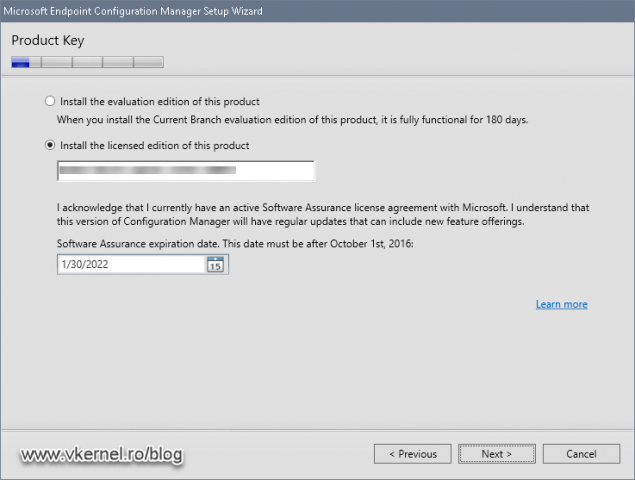 Providing the SCCM license key and the expiration of the license assurance