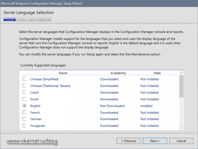 Selecting the languages the SCCM server should run