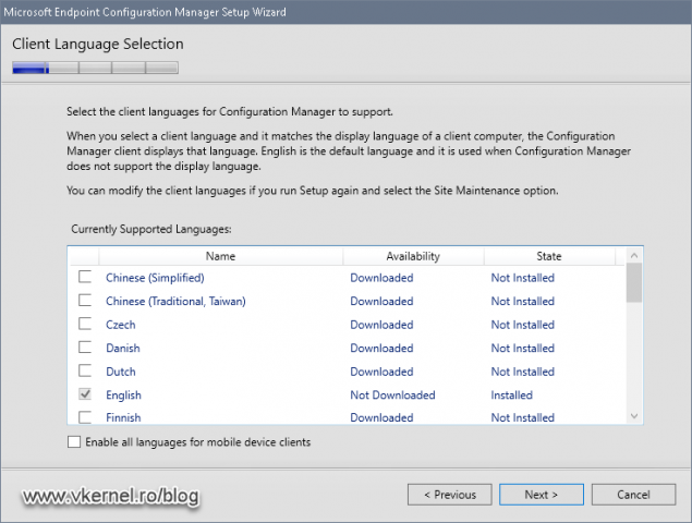 Selecting the languages the SCCM client should run