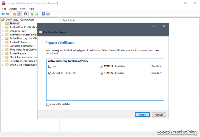 User with proper permissions on the certificate template successfully enrolling for a certificate
