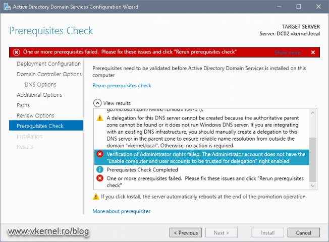 The error message when a computer or user is not trusted for delegation during a domain controller promotion