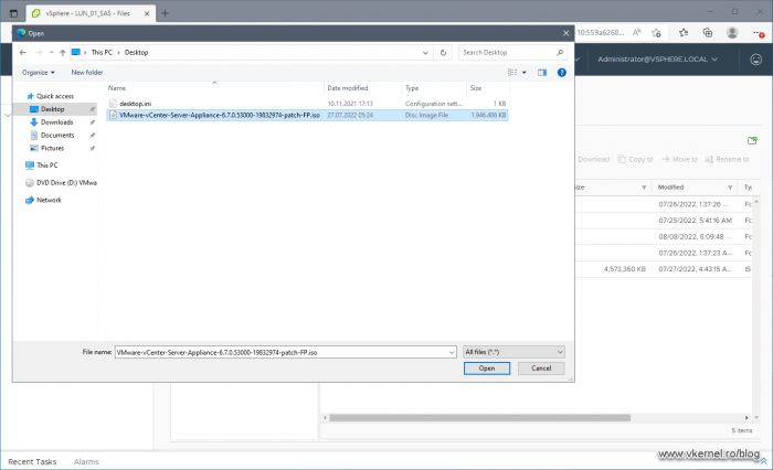 Uploading the update package ISO image to the ESXi datastore where the vCenter Server virtual appliance resides