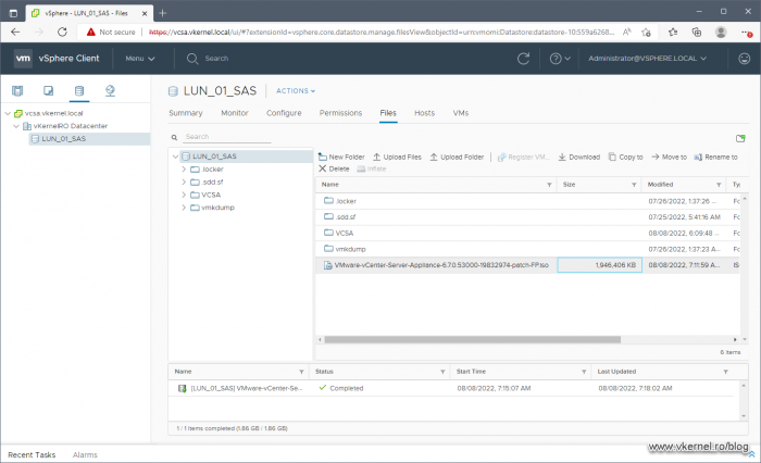 View of the update package uploaded on the ESXi datastore